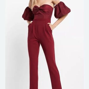 Express Red Cropped Jumpsuit with Puff Sleeves